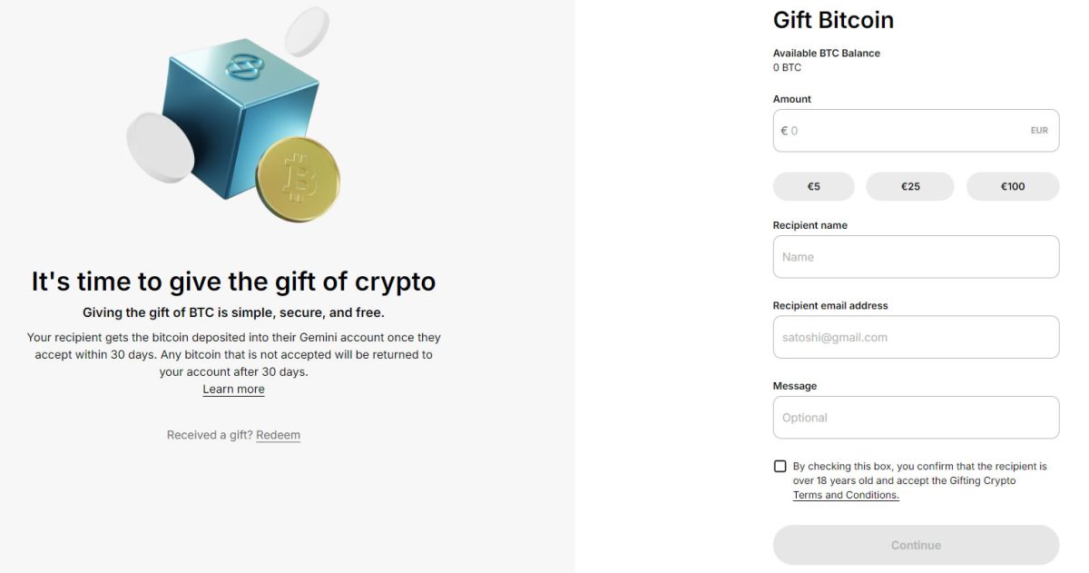 Gemini Gift Bitcoin
