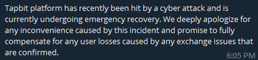 Tapbit cyber attack announcement
