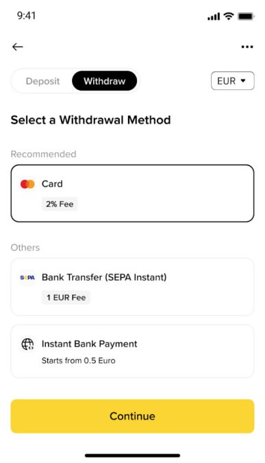 Binance Withdraw to Mastercard screen in Binance mobile app