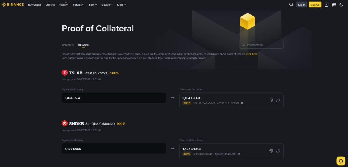 Binance bStocks Proof of Collateral